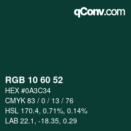 カラーコード: RGB 10 60 52 | qconv.com