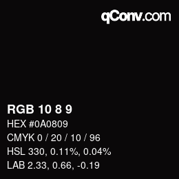 Color code: RGB 10 8 9 | qconv.com