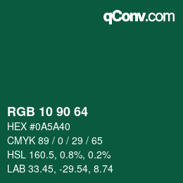 カラーコード: RGB 10 90 64 | qconv.com