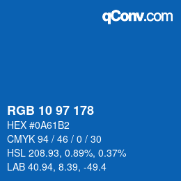 カラーコード: RGB 10 97 178 | qconv.com