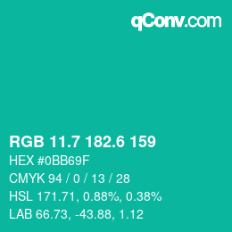 カラーコード: RGB 11.7 182.6 159 | qconv.com