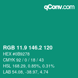 カラーコード: RGB 11.9 146.2 120 | qconv.com