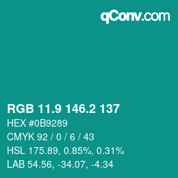 カラーコード: RGB 11.9 146.2 137 | qconv.com