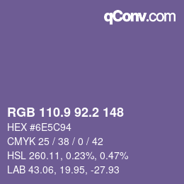 カラーコード: RGB 110.9 92.2 148 | qconv.com
