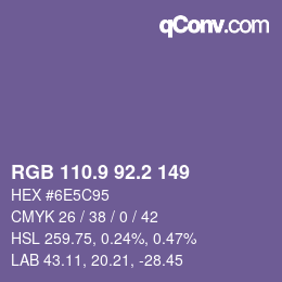 カラーコード: RGB 110.9 92.2 149 | qconv.com