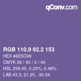 カラーコード: RGB 110.9 92.2 153 | qconv.com