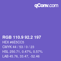 カラーコード: RGB 110.9 92.2 197 | qconv.com