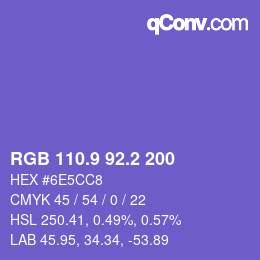 カラーコード: RGB 110.9 92.2 200 | qconv.com