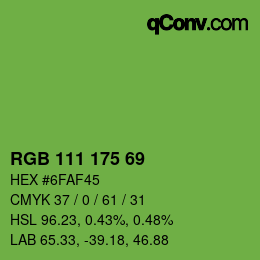 Color code: RGB 111 175 69 | qconv.com