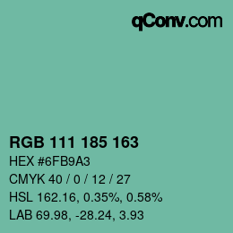 颜色代码: RGB 111 185 163 | qconv.com