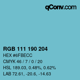 Color code: RGB 111 190 204 | qconv.com