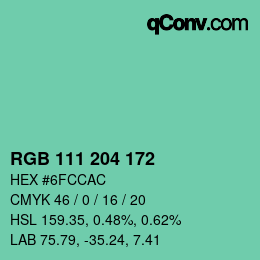 カラーコード: RGB 111 204 172 | qconv.com