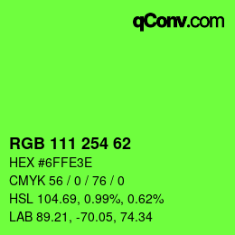 颜色代码: RGB 111 254 62 | qconv.com