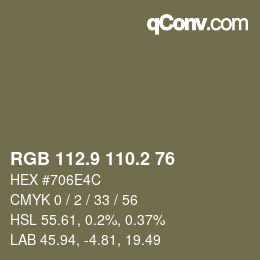 Color code: RGB 112.9 110.2 76 | qconv.com