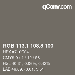 Color code: RGB 113.1 108.8 100 | qconv.com