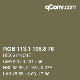 Color code: RGB 113.1 108.8 78 | qconv.com