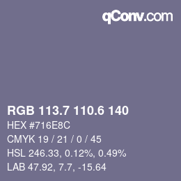 カラーコード: RGB 113.7 110.6 140 | qconv.com