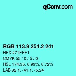 カラーコード: RGB 113.9 254.2 241 | qconv.com