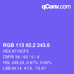 カラーコード: RGB 113 92.2 243.6 | qconv.com