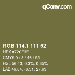 カラーコード: RGB 114.1 111 62 | qconv.com