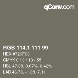 カラーコード: RGB 114.1 111 99 | qconv.com