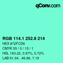 カラーコード: RGB 114.1 252.8 214 | qconv.com