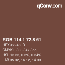Color code: RGB 114.1 72.8 61 | qconv.com