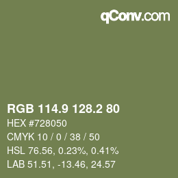 Color code: RGB 114.9 128.2 80 | qconv.com