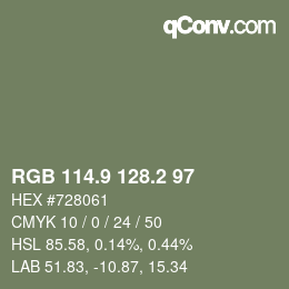Farbcode: RGB 114.9 128.2 97 | qconv.com