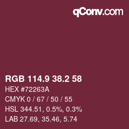 Color code: RGB 114.9 38.2 58 | qconv.com