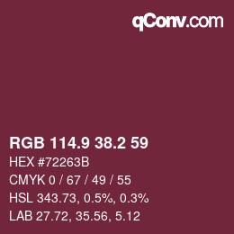 Color code: RGB 114.9 38.2 59 | qconv.com
