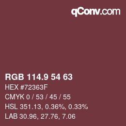 Color code: RGB 114.9 54 63 | qconv.com