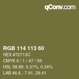 Color code: RGB 114 113 60 | qconv.com