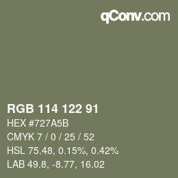 Color code: RGB 114 122 91 | qconv.com