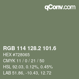 カラーコード: RGB 114 128.2 101.6 | qconv.com