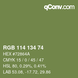 Color code: RGB 114 134 74 | qconv.com