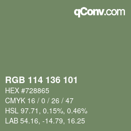 Color code: RGB 114 136 101 | qconv.com
