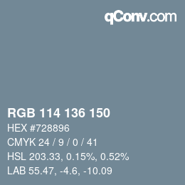 颜色代码: RGB 114 136 150 | qconv.com