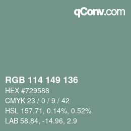 Color code: RGB 114 149 136 | qconv.com