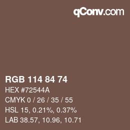 Color code: RGB 114 84 74 | qconv.com