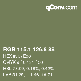 Color code: RGB 115.1 126.8 88 | qconv.com