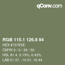 Color code: RGB 115.1 126.8 94 | qconv.com