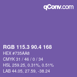 カラーコード: RGB 115.3 90.4 168 | qconv.com