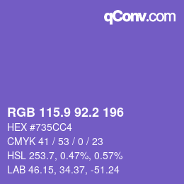 カラーコード: RGB 115.9 92.2 196 | qconv.com