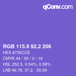 カラーコード: RGB 115.9 92.2 206 | qconv.com