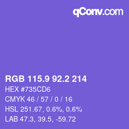 カラーコード: RGB 115.9 92.2 214 | qconv.com