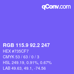 カラーコード: RGB 115.9 92.2 247 | qconv.com