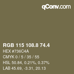 カラーコード: RGB 115 108.8 74.4 | qconv.com