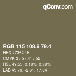 カラーコード: RGB 115 108.8 79.4 | qconv.com