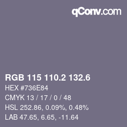 カラーコード: RGB 115 110.2 132.6 | qconv.com